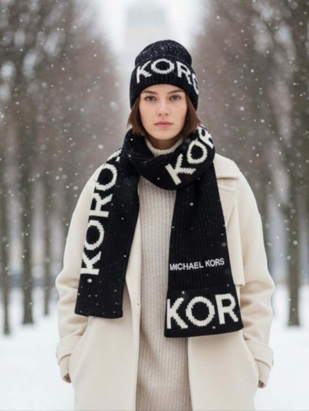 NEW NIB Michael Kors Women's Fishermans Rib Beanie Black White Scarf Set Gift